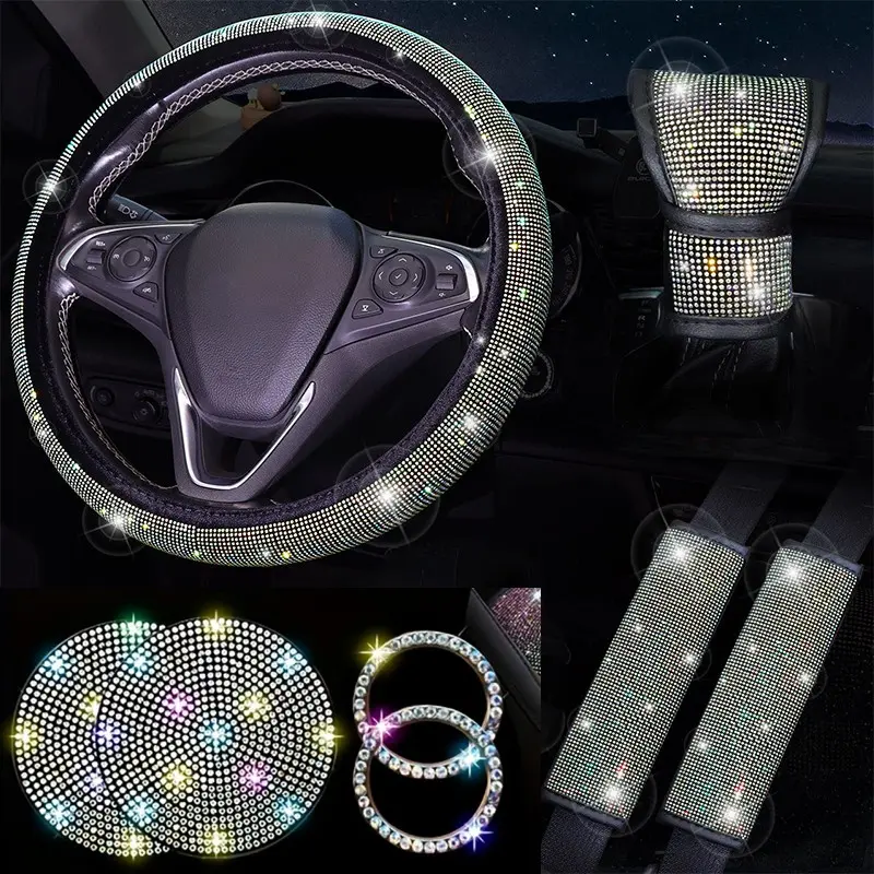 8-Piece Luxury Car Interior Accessories Set, Diamond Steering Wheel Cover, Crystal Seatbelt and Gear Shift Kit, Shiny Cup Holder, Girly Car Interior Sets, Bling Car Accessories