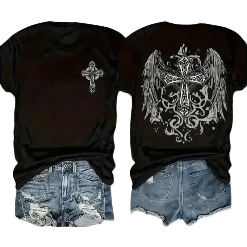 Men's Ornate Cross-Angel Wings Print Cotton Tee, Casual Everyday Vibe, Soft Durable Fabric