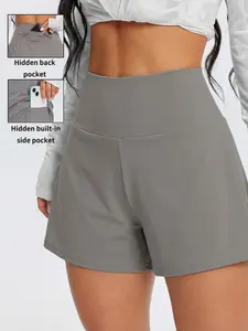 High Waist Nylon Elastic Two-Piece Athletic Sport Shorts for Women, Summer Yoga Pants with Hidden Pockets, Quick-Dry Breathable Running Hotpants