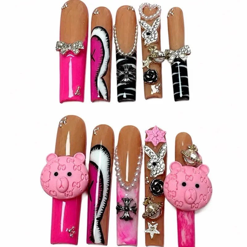 Y2K Pink Kawaii Handmade Luxury Press-On Nails, 3D Bear Charms, Playboy Bunny Accents, Bling Long Coffin Nail Set Medium Size
