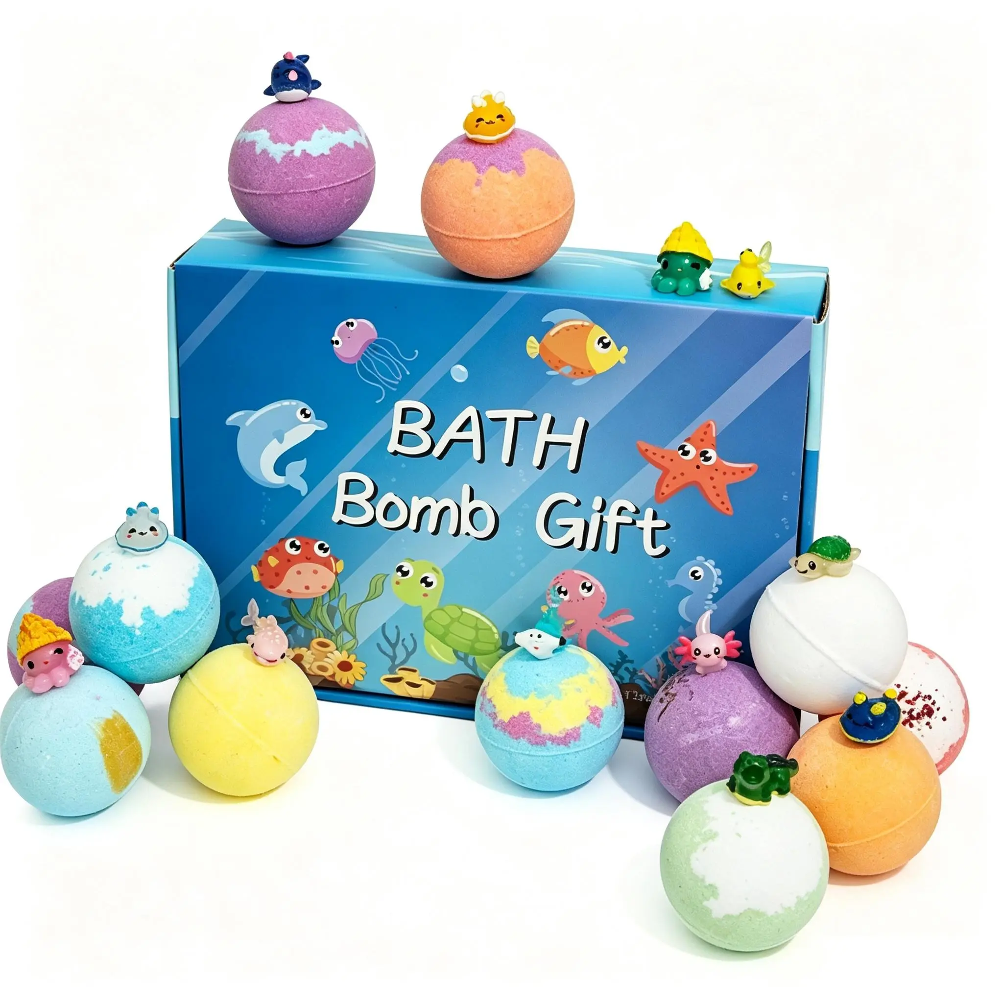 12 Pack Ocean Kids Bath Bombs with Surprise Sea Animal Toys, Natural Fizzy Bubble Bath Salt Gift Set for Boys Girls