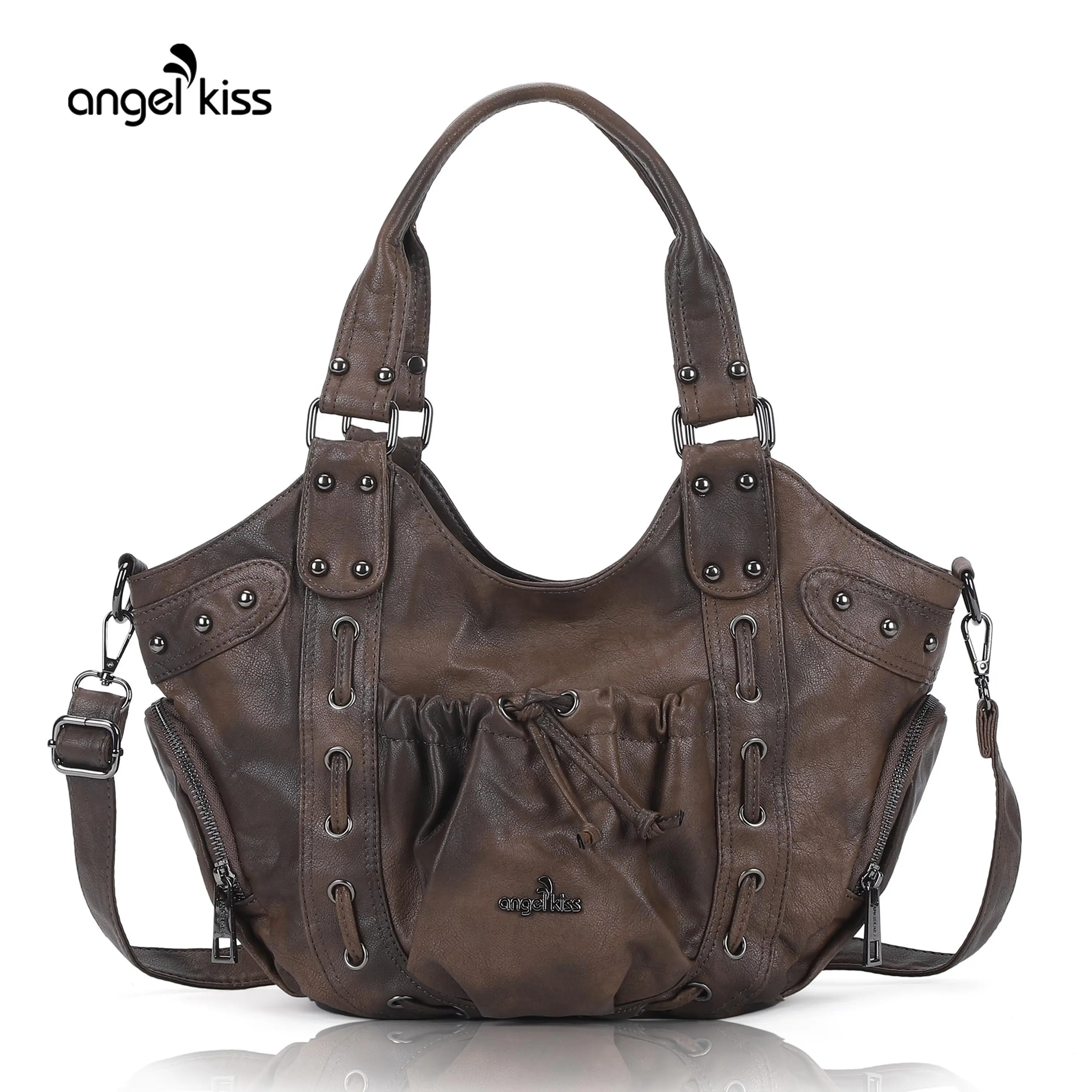 Angel Kiss Women's Medium PU Leather Shoulder Tote Hobo Bag - Riveted, Retro, Spacious, Zip Closure, Everyday Hobo Bag for Daily Use, Casual Commuter Bag, Tote Bags,summerwins