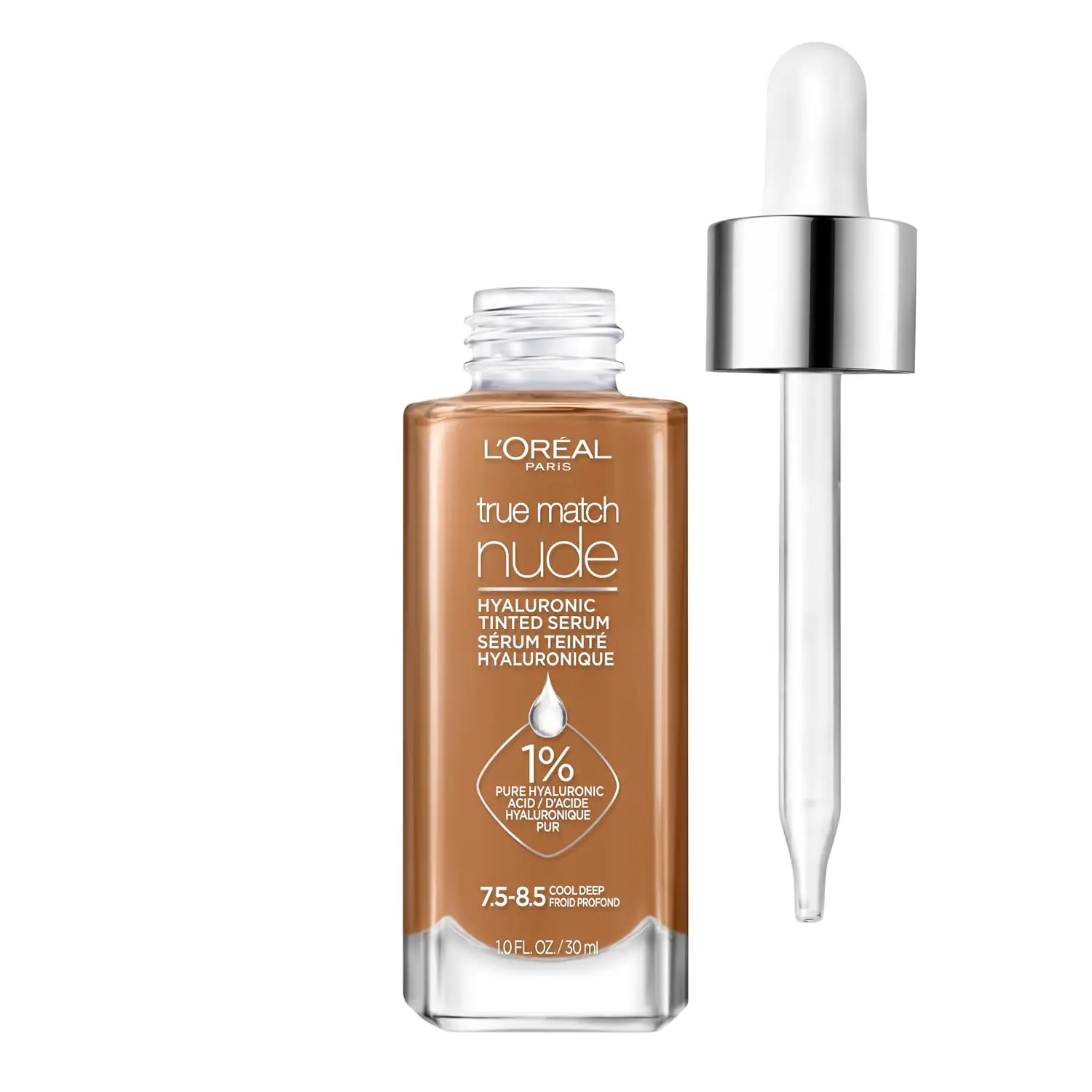 L'Oreal Paris True Match Nude Hyaluronic Tinted Serum Foundation with 1% Hyaluronic acid, Cool Deep 7.5-8.5, 1 fl.oz.