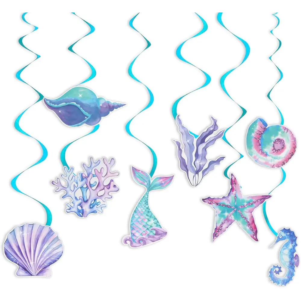 Mermaid Decor Kit - Magical Iridescent Cardboard Ocean Theme Decorations, 8 x Mermaid Hanging Decorations, Holographic Seahorses, Seashells, Starfish, Varied Sizes, Home Supplies, for Children's Parties, Anniversary, Housewarming, Magical Touch, Iridescen