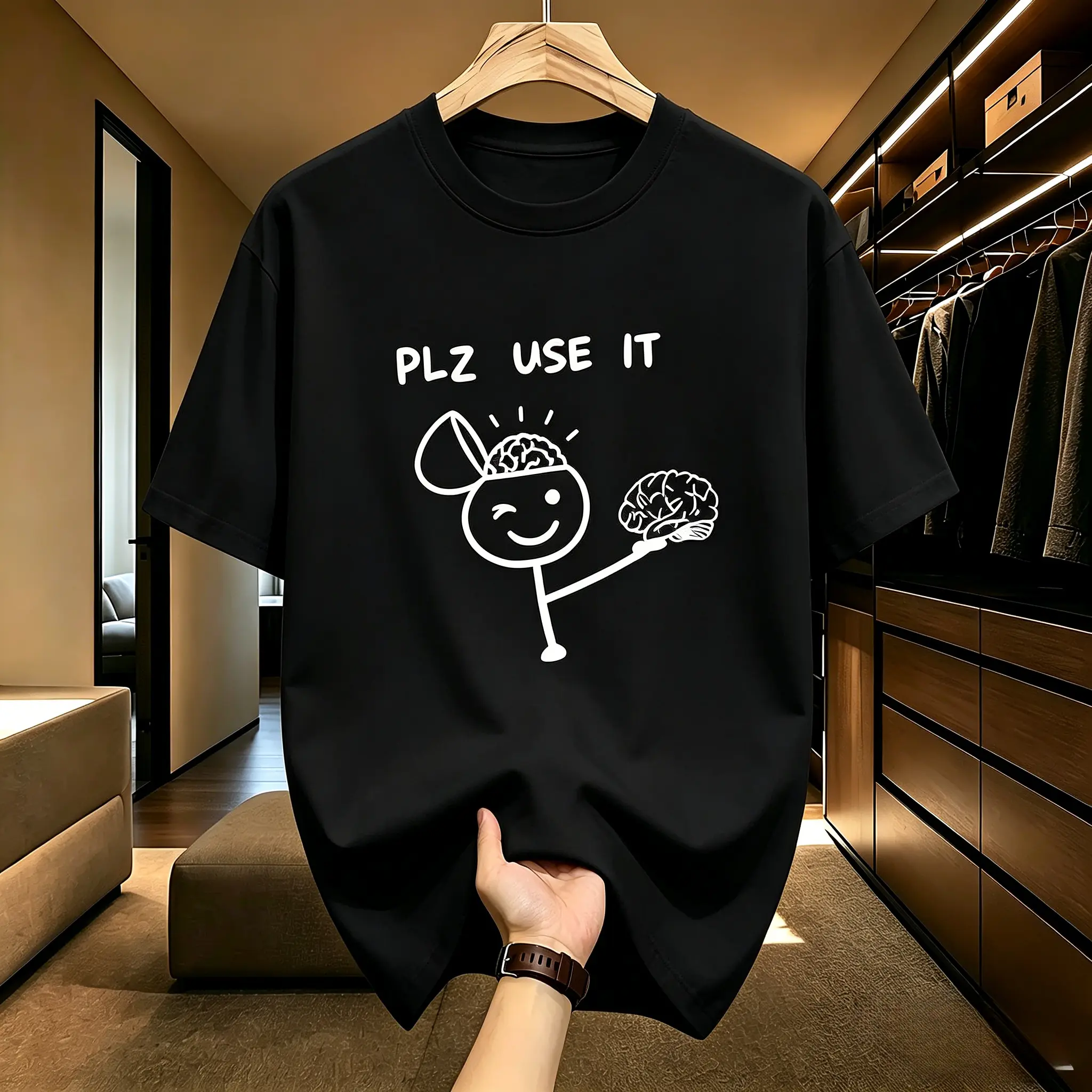 Unisex Streetwear T-Shirt, Sarcastic 'Plz Use It' Brain Graphic, Breathable 100% Cotton Short Sleeve Top, Funny Round Neck Menswear Tee, Shortsleeve, Soft, All Seasons