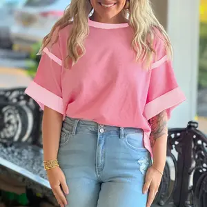 Two Tones Patchwork Half Sleeve Plus Size T Shirt,Size S-4X