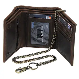 Jamin Leather® Vintage Brown Trifold Chain Wallet #WC54379N - Cow Hide, 11 Pockets, 12" Removable Antique Chain, 5 Card Slots, ID Window, Zippered Pocket