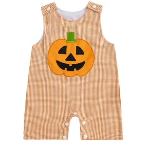 Newborn Baby Boy Halloween Pumpkin Gingham Romper Strap Overalls  Plaid Striped Jumpsuit Smocked Clothes