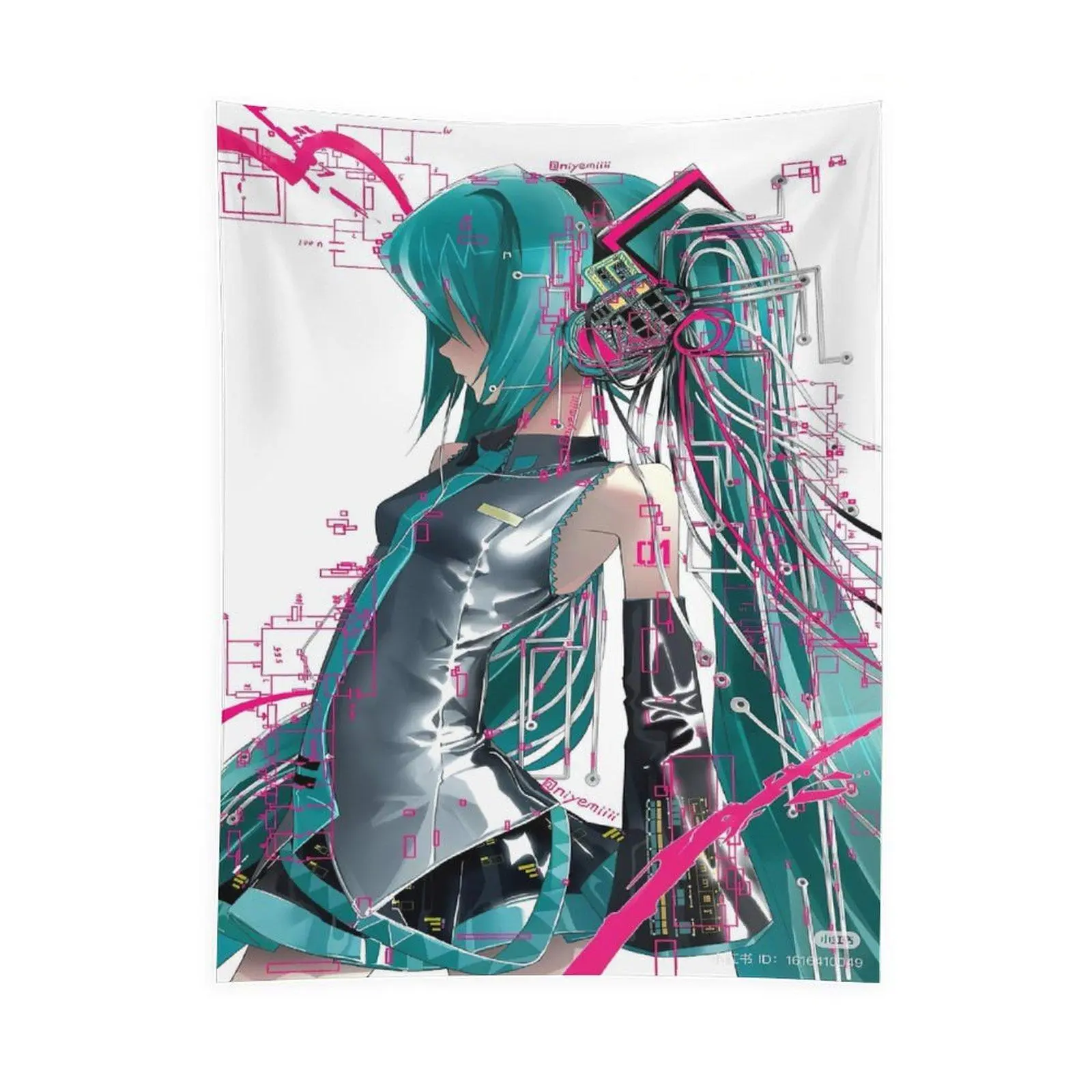 Miku Cyber Anime Girl 1-Piece Rectangular Wall Tapestry, Multicolor Print Futuristic Digital Style Poster, Japanese Manga Indoor Room Decor, Aesthetic Gaming Bedroom Wall Art