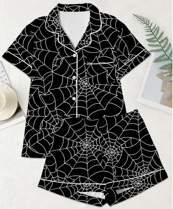 Gothic Spider Web Print Women's Pajama Set - Soft Short Sleeve Button-Up Sleepwear