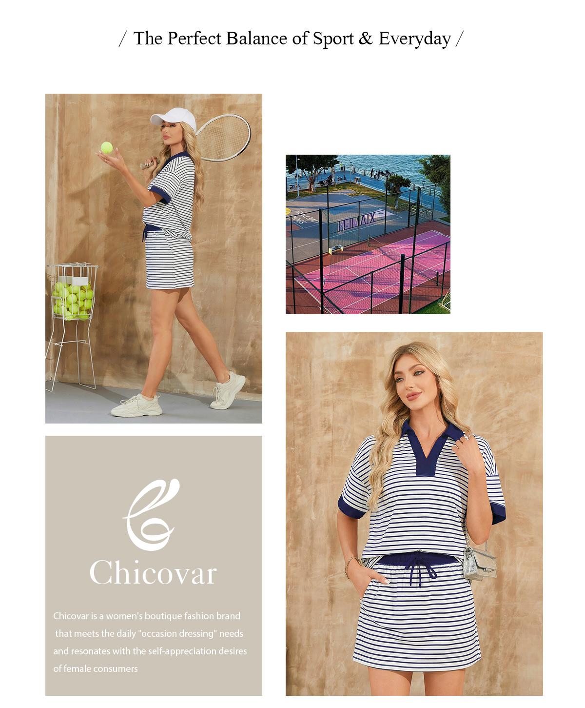 Chicovar Striped 2 Piece Outfits Casual Set  Short Sleeve V-Neck Polo Skort with Built-in Shorts & Pockets, Adjustable Waist, Stretchy & Comfortable, Lounge Sets, Athleisure, Comfyoutfit, Casualoutfits