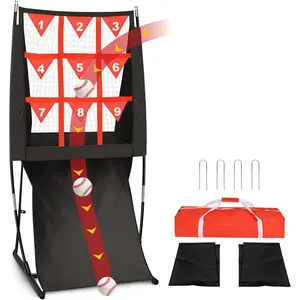 9 Hole Pitching Net with Strike Zone, Baseball Softball Pitching Target Net with Automatic Ball Return, Portable Pitcher  Equipment Height Adjustable, Carry Bag