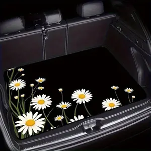 1pc Crystal Velvet Car Trunk Mat, Daisy Design, Black Background with White Daisies, Elegant Design Keeps Vehicle Clean and Tidy, Suitable for Most Models, Auto Accessory, Vehicle Organization, Auto Interior, Polyester Material, Car Accessories