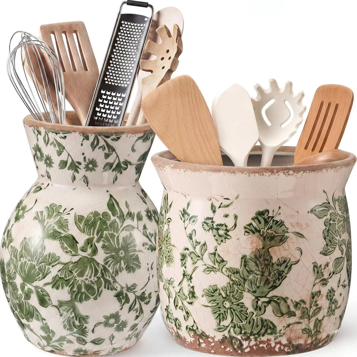2 Pack Green Floral Ceramic Utensil Holder 7.09" 5.51" Vintage Rustic Utensil Crock for Kitchen Counter Farmhouse Crock Spatula Organizer for Home Kitchen Decor Housewarming Gift