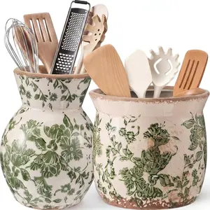 2 Pack Green Floral Ceramic Utensil Holder 7.09" 5.51" Vintage Rustic Utensil Crock for Kitchen Counter Farmhouse Crock Spatula Organizer for Home Kitchen Decor Housewarming Gift