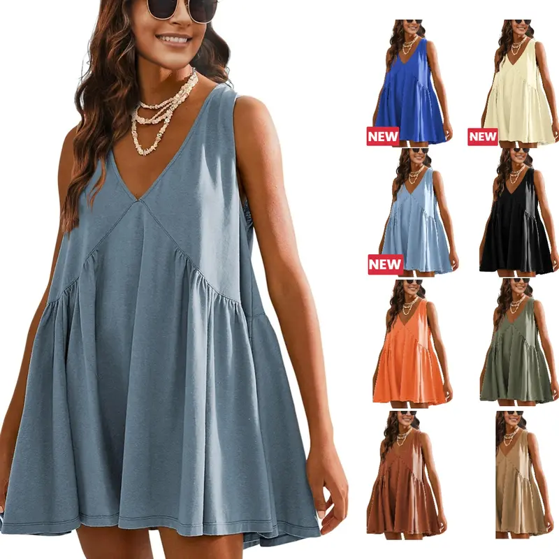 Womens Summer Sleeveless Mini Dress Casual Loose V Neck Sundress with Pockets