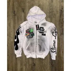 2025 Autumn New Style Harajuku Trend Brand Casual Loose Oversized Zip-Up Hoodie Men Y2K Gothic Retro Letter Flame Embroidered Sweatshirt Jacket Women Long Sleeve Menswear