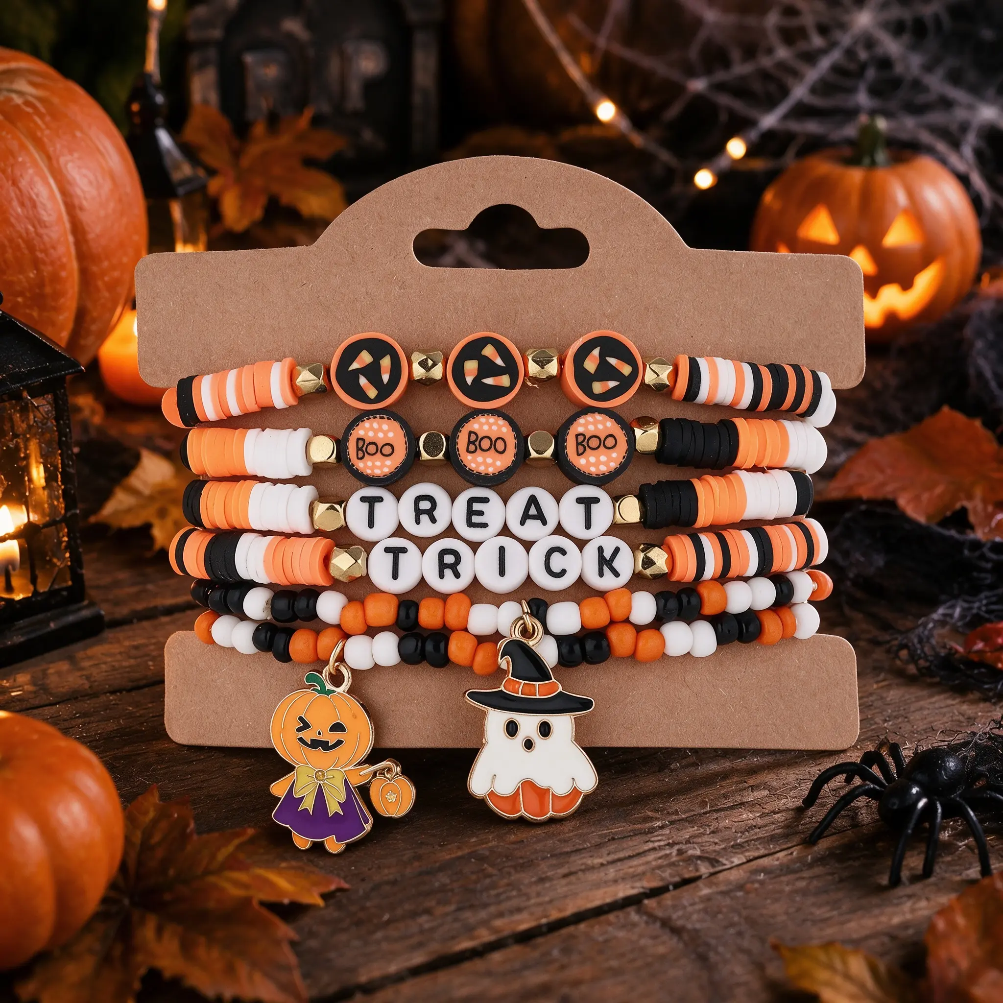 6-Piece TRICK OR TREAT Halloween Letter Polymer Clay Beaded Bracelet Set, Colorful Charm Stackable Bracelets, Halloween Party Jewelry and Gift Bracelets