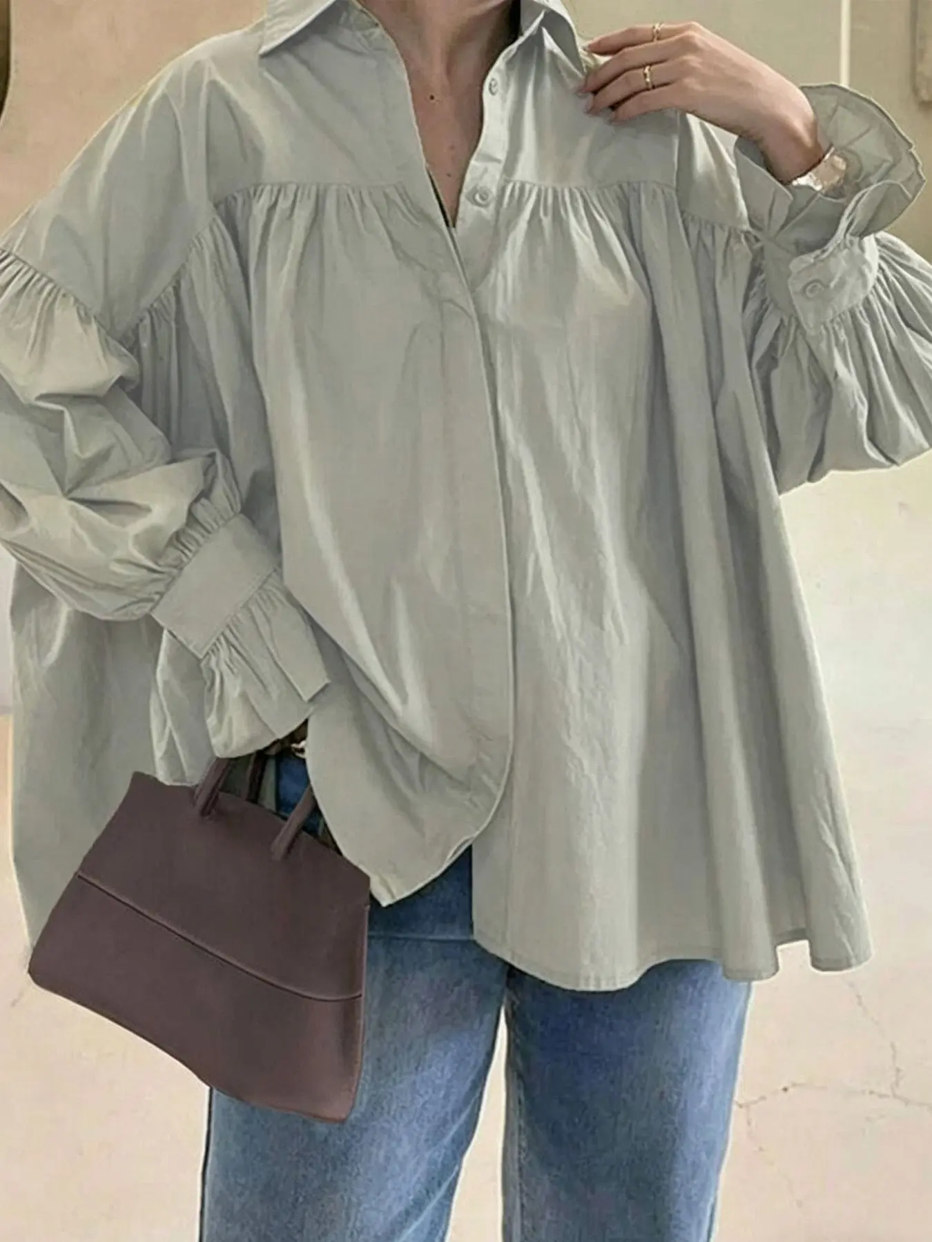 Plus size women's green fashionable casual new lapel long sleeve puff sleeve single-breasted blouse shirt, suitable for summer, daily commuting, leisure, vacation, etc. Button Front Collared Casual Drop Shoulder Top