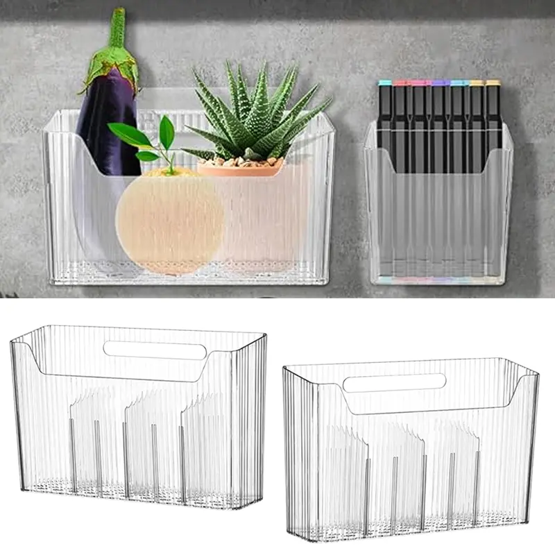 Set of 2 Plastic Adhesive Mount Cabinet Door Organizer Bins Clear Wall Mounted Storage Organization Container Makeup Shelves Hanging Basket for Kitchen, Bathroom, Pantry, Space Saving Holder