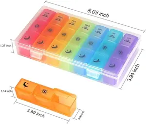 Weekly Pill Organizer - 3 Times-A-Day 7 Day Pill Box with Large Compartments, Moisture-Proof Case for Vitamins, Fish Oil & Supplements Healthcare Aid Medicine Multicolor