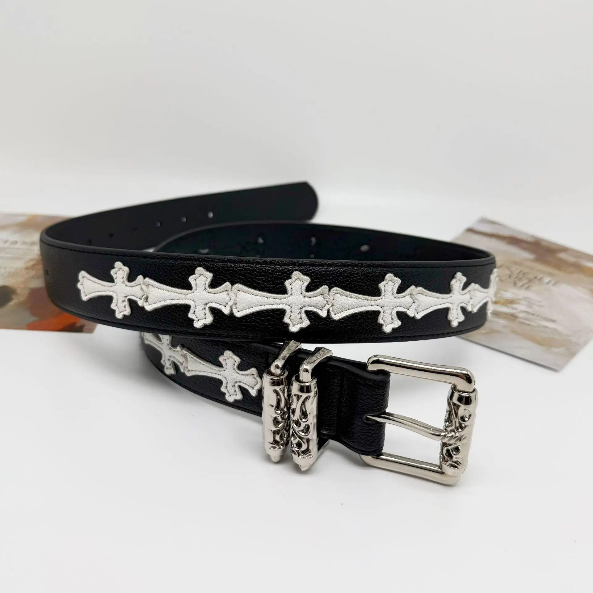 Chrome Hearts Crow Cross Genuine Leather Belt – Leopard Print Hollow Vine Buckle Gothic Fashion Belt for Men & Women