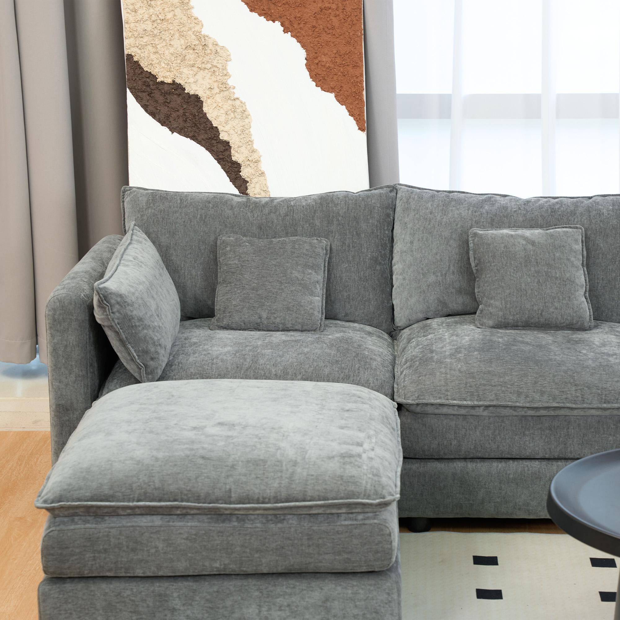 Niccae 6-Seater Contemporary Sectional Chenille Fluffy Sofa - Modular Boneless Sectional Couch with Storage, Cup Holders, Guest Bed, Modern Sofas Couches for Apartment Indoor Living Rooms (4-Package Delivery)