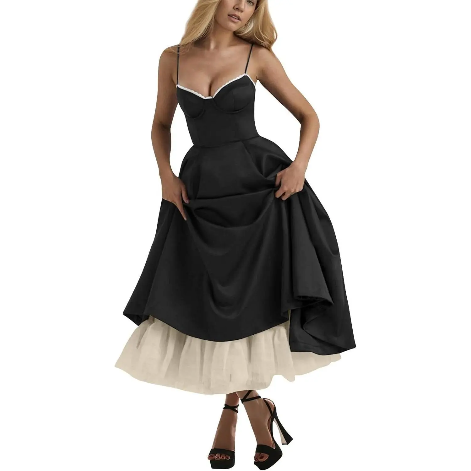 ASPOP Midi Corset Dress for Women 2025 Fall Elegant Tulle Vintage Party Dress Flowy Pleated Hem Low Cut Prom Dresses