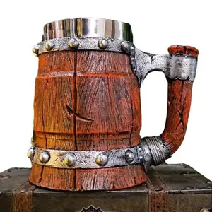 The Armored Kingdom Aleforge of the Ancient Mug - 16 oz Cold-Cast Resin & Stainless Steel Barrel-Style Tumbler with Iron Bands & Wooden Texture for Dwarven Lords & Fantasy Lovers