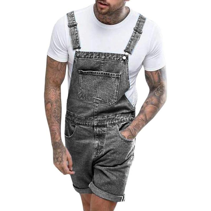 Imily Bela Mens Denim Shorts Bib Overall Jean Romper Casual Loose Fit Walkshort Button Pockets Summer Jumpersuit Fashion Menswear