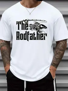Men'S Fishing Rodfather Graphic T-Shirt - 180g Heavyweight 100% White with Black Fishing Rod & Line Print, All-Season Casual & Outdoor Activewear, Durable Round Neck Short Sleeve Tee for Fishing Trips, Christmas Gifts for Anglers, Angler Clothing