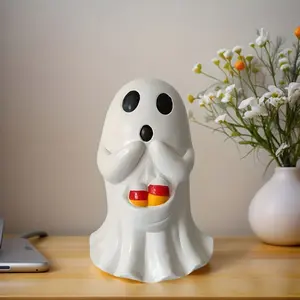Vintage Halloween Resin Ghost Statue with Candy Canes, Gothic Decor for Spooky Parties, Home, Bedroom, Dining Table