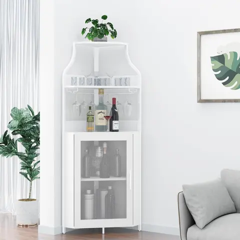 【GARVEE】5-Tier Industrial Corner Wine Cabinet with Detachable Wine Rack, Barn Door, Glass Holder, and Farmhouse Buffet Design in White for Home Bar and Storage