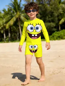 Boys' long-sleeve + shorts swimsuit set with SpongeBob face print, casual, sporty and trendy design, waterproof, sun-protective and stretchy swimsuit, children's clothing set for summer beach vacations