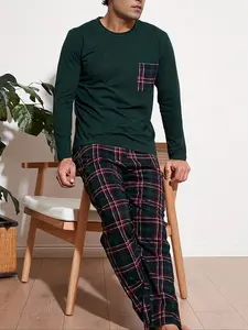 Men's Vintage Plaid Patchwork Homewear Set, Comfortable Skin-Friendly, Essential for Casual Home Scenes, Retro Design for Men