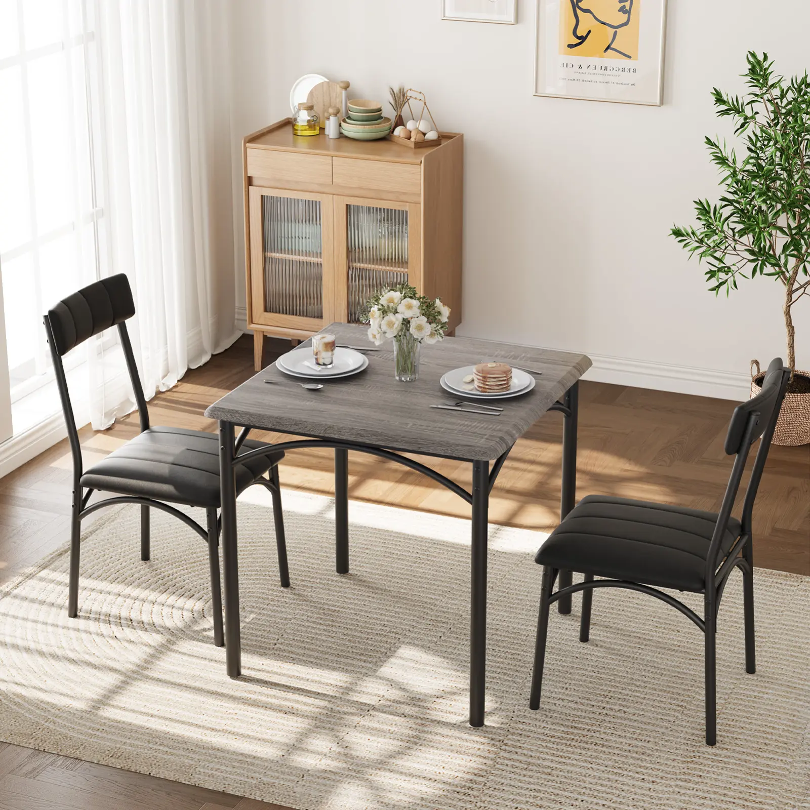 Space Saving 2-Seater 3 Piece Dining Room Furniture Set, Sturdy Metal Frame Dining Table with Soft Upholstered Chairs, Perfect Small Space Kitchen Set for Apartment Living