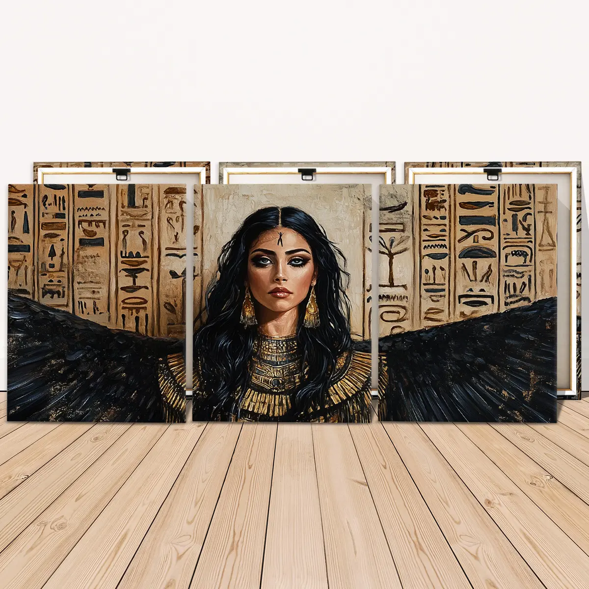 3 Counts Wooden Framed Canvas Painting, Ancient Egyptian Goddess Artwork, Artistic Exquisite Poster, Vintage Letters Print, Perfect Living Room Decoration, Modern Art, Fashion Family Poster, Wall Art Decoration, Waterproof Art