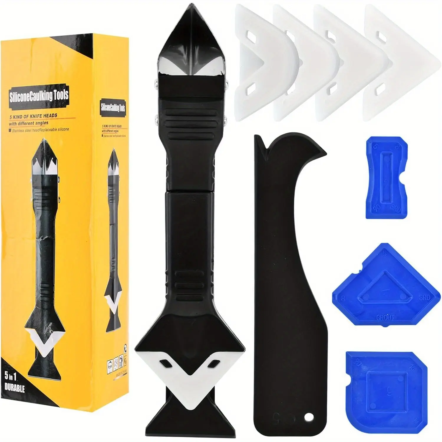 11-Piece Stainless Steel Multi-Function Grout Tool Kit – Efficient & Hassle-Free Masonry & Tiling Tools with 3-in-1 Caulking Head, Remover, 5 Replacement Scraper Pads for Removal/Sealant, Complete Grout Solution for DIY Enthusiasts