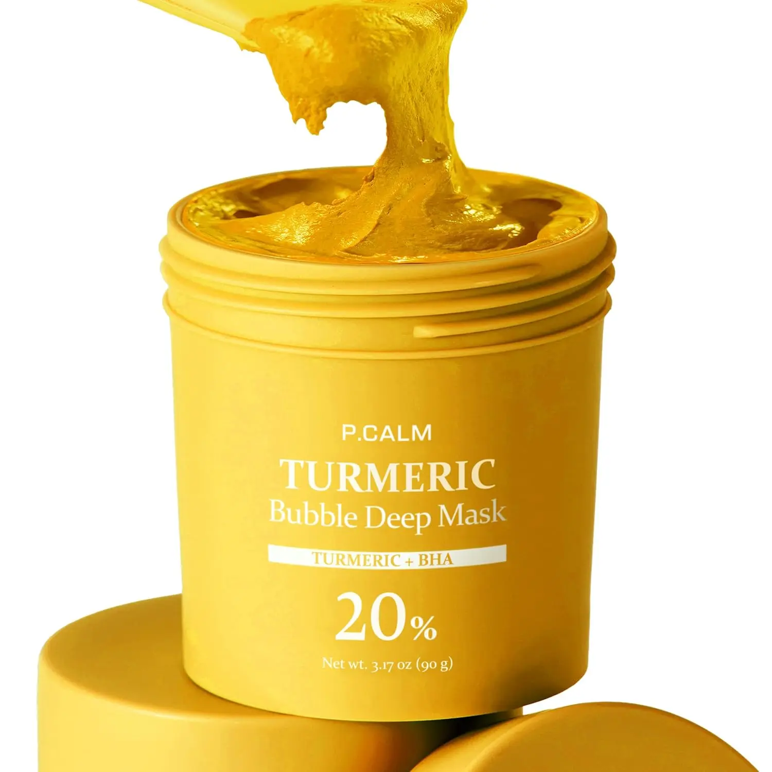 P.CALM Turmeric Carbonated Bubble Deep Clay Mask, Gentle Dark Spot Corrector with AHA-BHA for Sensitive Skin, Soothes Redness & Evens Skin Tone, Calming Korean Skincare Wash-Off Pack, 90g / 3.17 oz