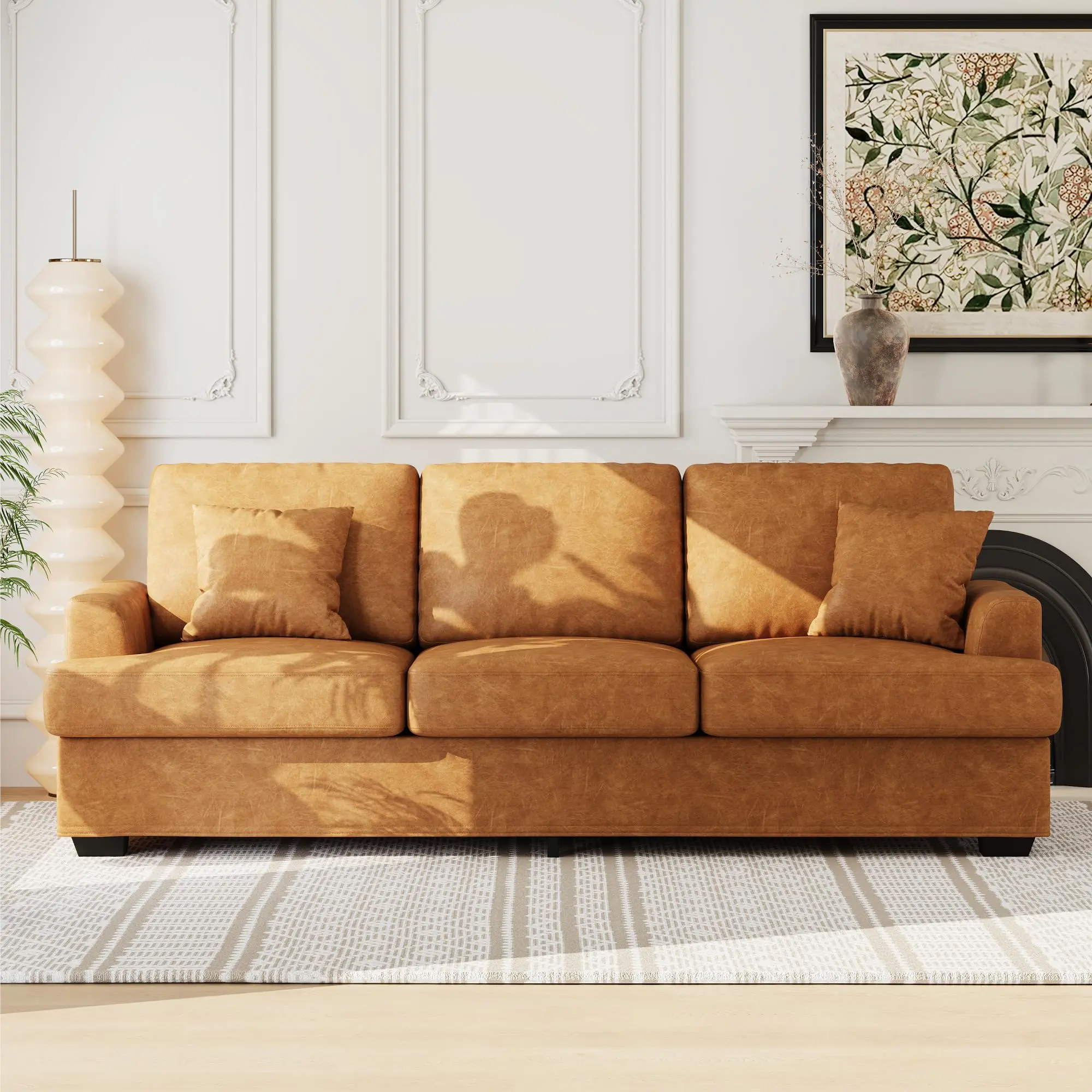 Garvee 86" Faux Leather Sofa with Deep Seating, Includes 2 Throw Pillows, Upholstered Cushions, Removable Covers, Ideal for Small Spaces, Apartments, Living Rooms, Lounge Areas in Brown