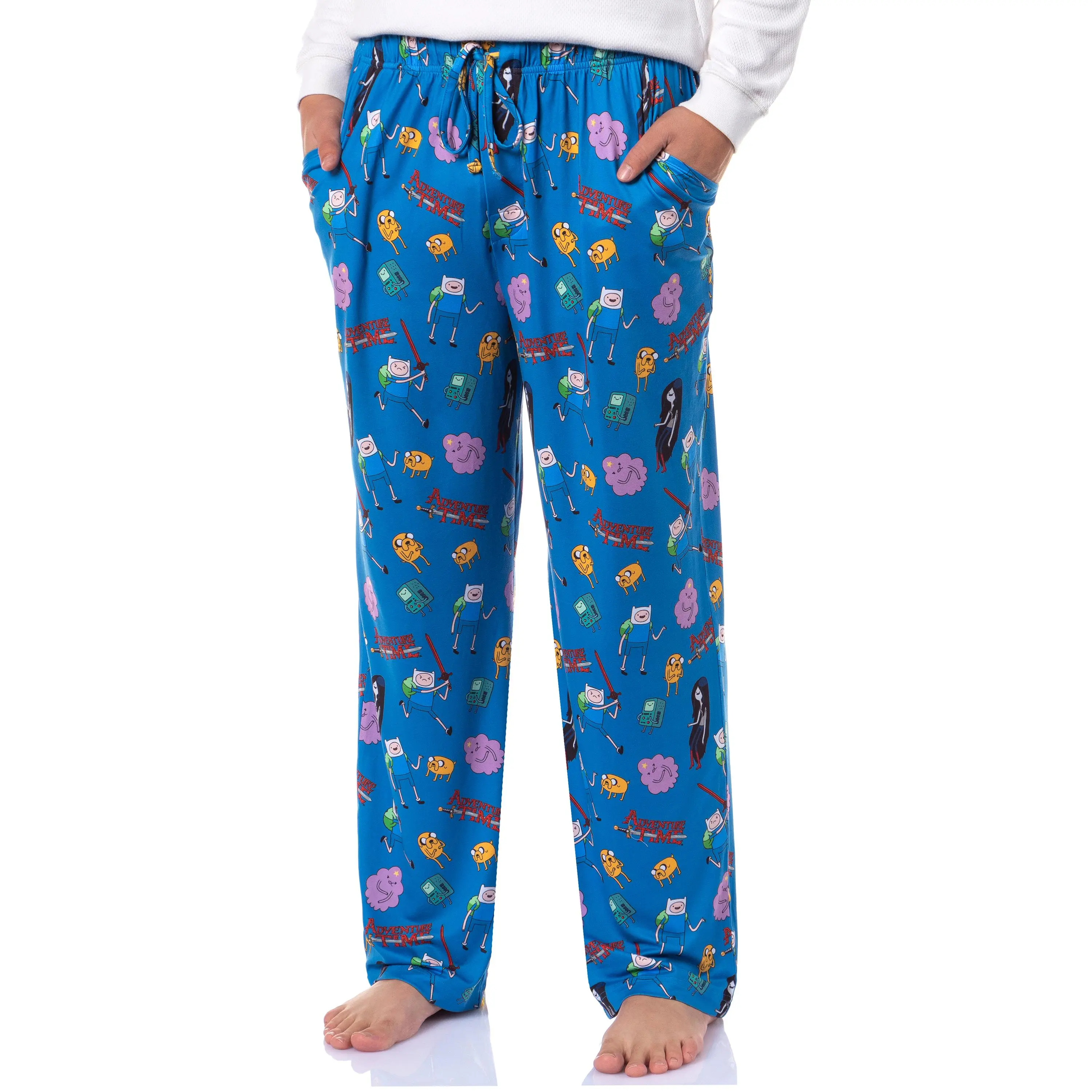 Adventure Time Men's Finn Jake Beemo Sleep Tossed Print Pajama Pants For Adults, Silky, Nightwear, Fabric