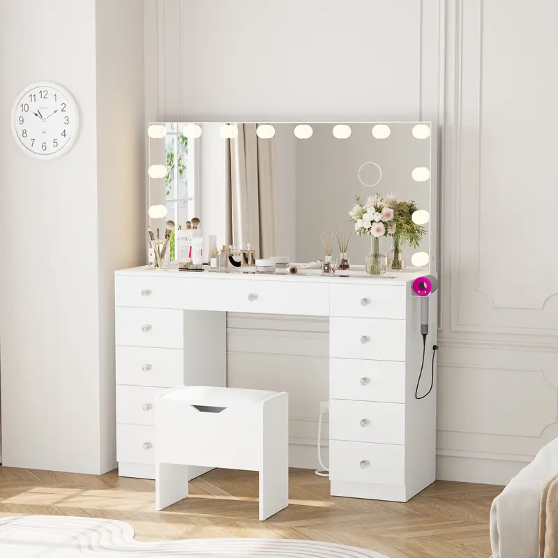VOWNER Vanity with 10×Magnifying Mirror, With Glass Top&Power Outlet, 3 Color Light Options, 43" Vanity Table with 11 Drawers&Stool, Bedroom, White
