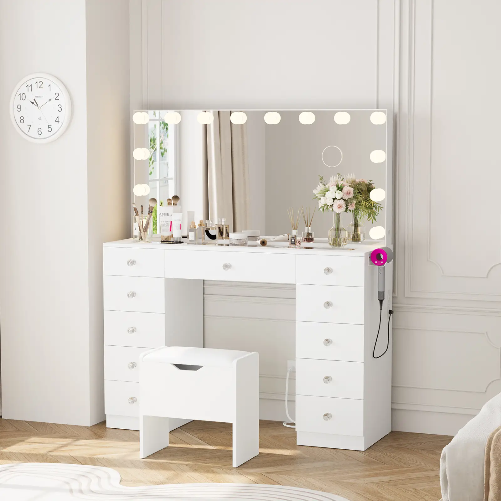 VOWNER Vanity with 10×Magnifying Mirror, With Glass Top&Power Outlet, 3 Color Light Options, 43" Vanity Table with 11 Drawers&Stool, Bedroom, White