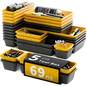 [5 Sizes] [69 PCS] Tool Drawer Organizer, Tool Box Tray, Desk Drawer Tray, Rolling Tool Chest, Toolbox Organzier (Black+Yellow)