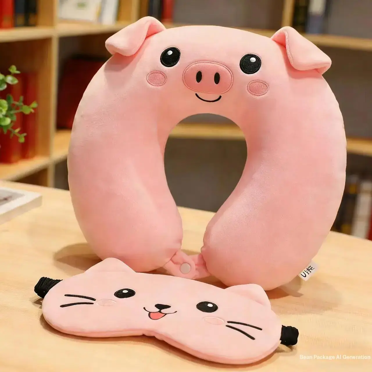 2pcs Travel Essential Cute Cartoon Pig Neck Pillow and Cat Plush Eye Mask, U-Shaped Neck Pillow, Adorable Cartoon Women's U Pillow