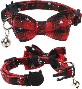 Christmas Plaid Cat Collar Set with Removable Bow Tie & Bell, Adjustable Safety Collar for Cats - Festive Snowflake Design, Perfect Holiday Accessory for Cats