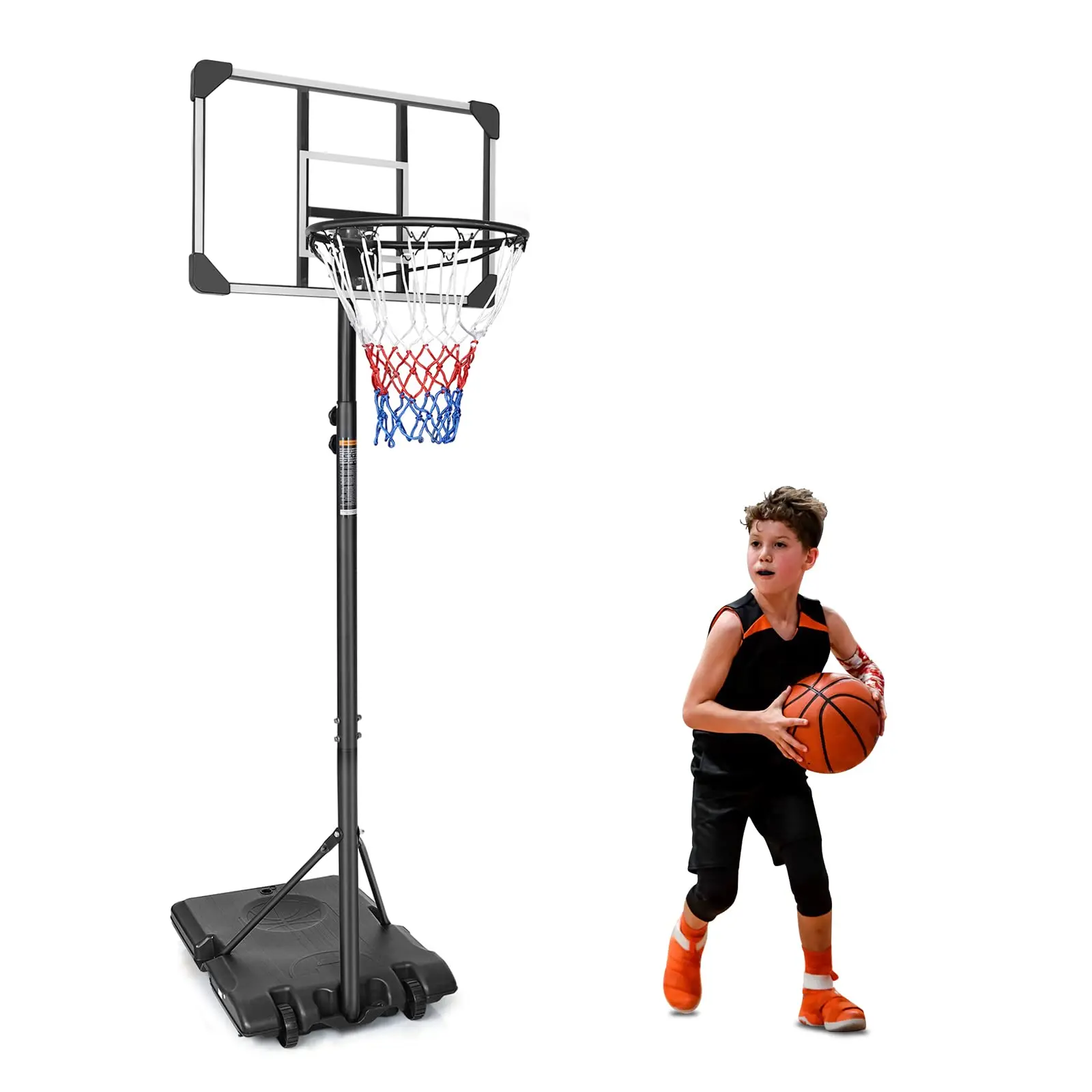 Kids' Portable Basketball Hoop System, 5.6-7 ft Height-Adjustable with Sturdy Steel Pole, Sturdy Base, Rolling Wheels, 29-in PVC Backboard, All-Weather Nylon Mesh Net, Backboard Accessories for Indoor/Outdoor Practice, Children