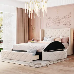Queen Size Platform Bed Frame with Storage, Velvet Upholstered Tufted Queen Bed Frame with Wingback Headboard, 1 Big Drawer and 2 Side Storage Stool, Easy Assembly, Beige