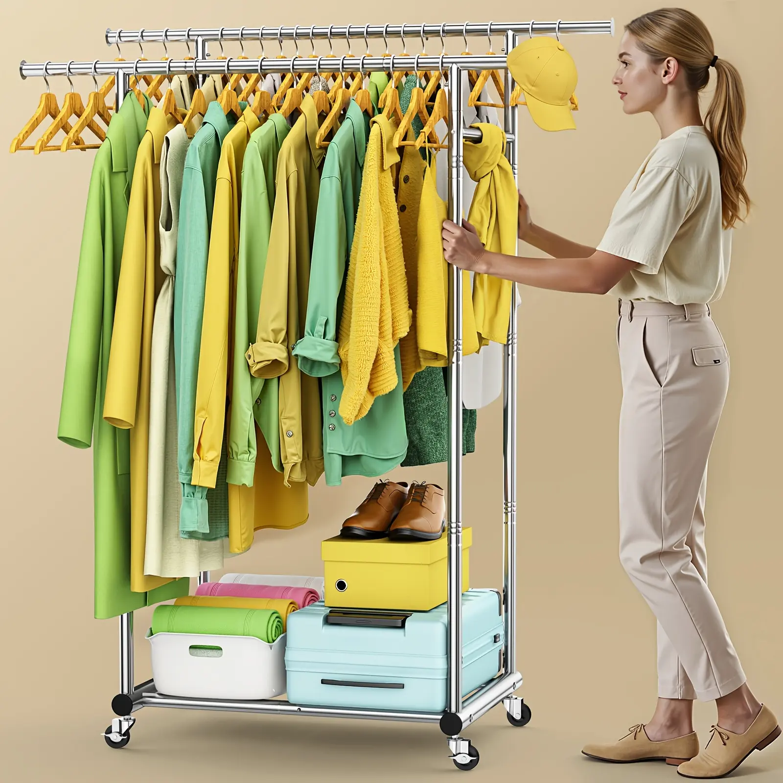 Sturdy Metal Double Rodding Clothes Rack With Wheels, Portable Clothing Rack With Shelves & Hooks, Heavy Duty Garment Racks For Hanging Clothes, Multi-Functional Closet Rack For Bedroom, Black