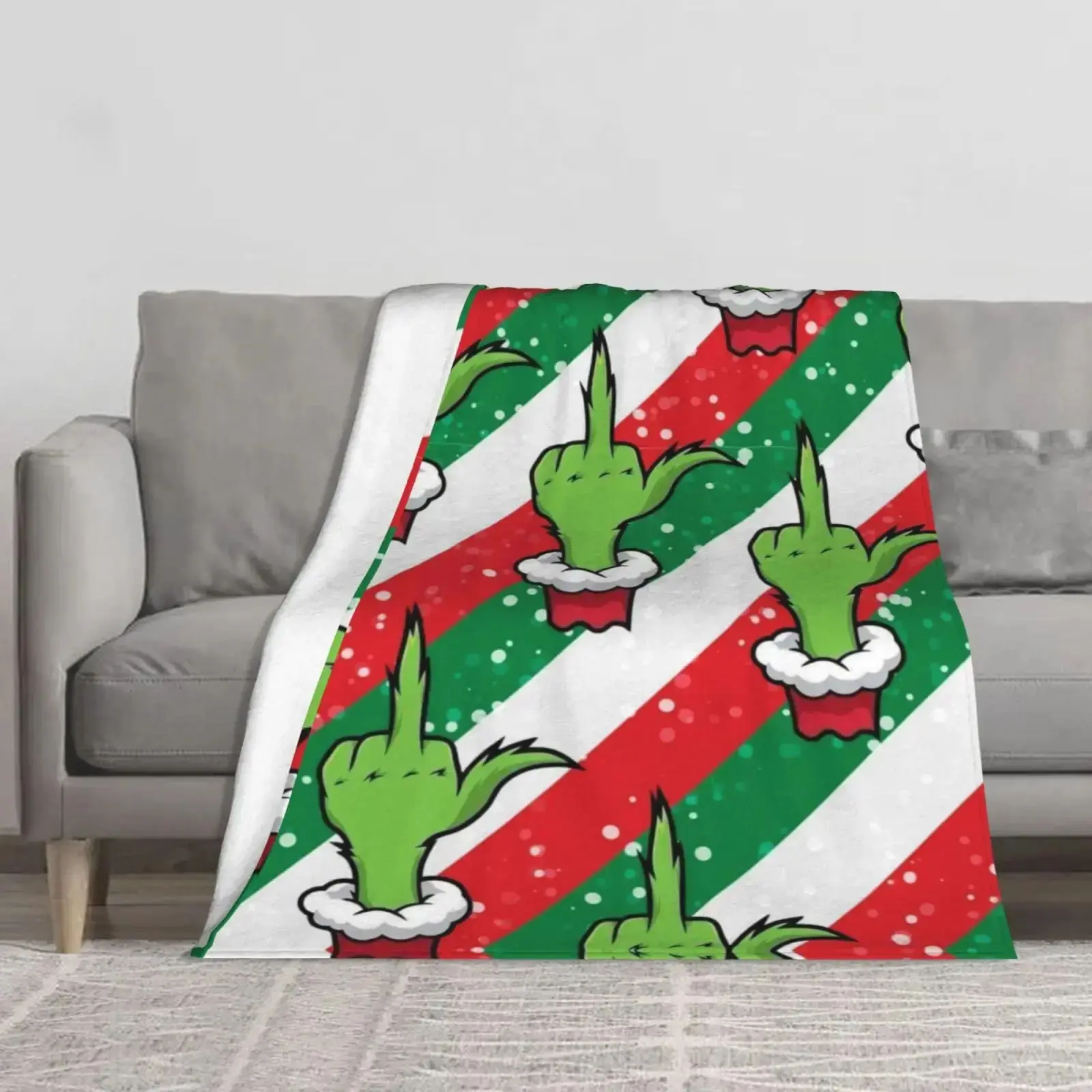 Grinch Inspired Funny Christmas Fleece Throw Blanket - Red-Green Stripe Flannel Fabric, Stain Resistant, Multi-Size, Indoor/Outdoor Home/Couch Decor Gift for Adults